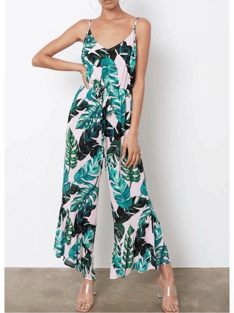 Lush Pink and Green Tropical Leaf Spaghetti Strap Bell Bottom Jumpsuit